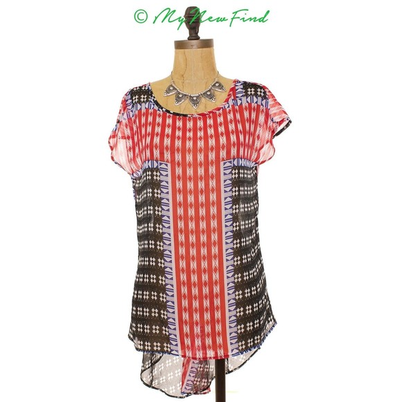 Eight Sixty Sheer Reversible Tunic Top Size M L Printed Red White Blue NEW B32 - Picture 2 of 4